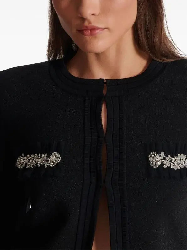 Crystal and Ruffle-Trim Black Cardigan Sweater - Sweaters & Knitwear