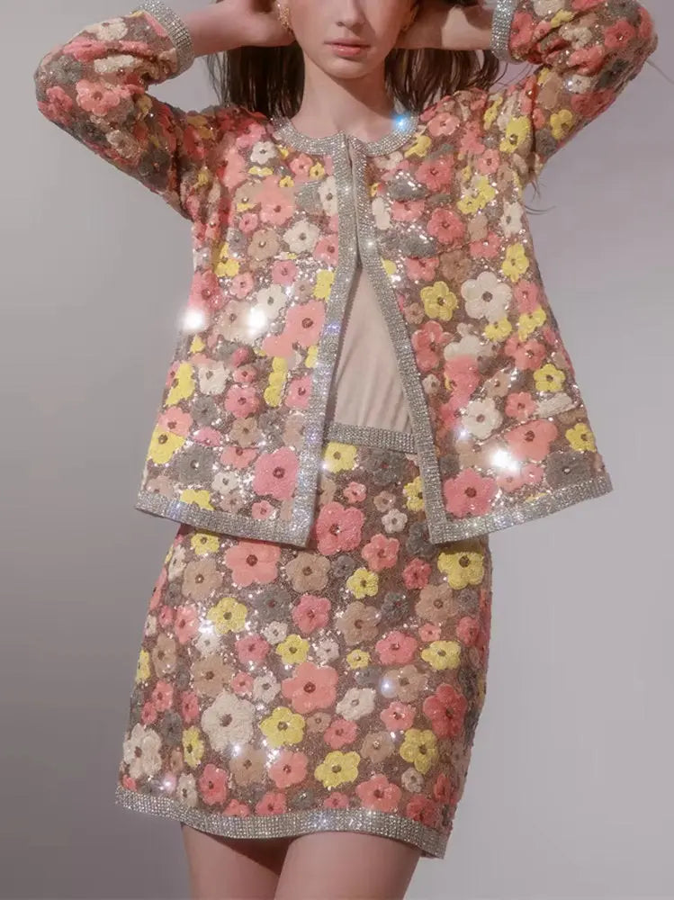 Crystal and Sequin Embellished Floral Jacket and Skirt Set - Suits & Sets