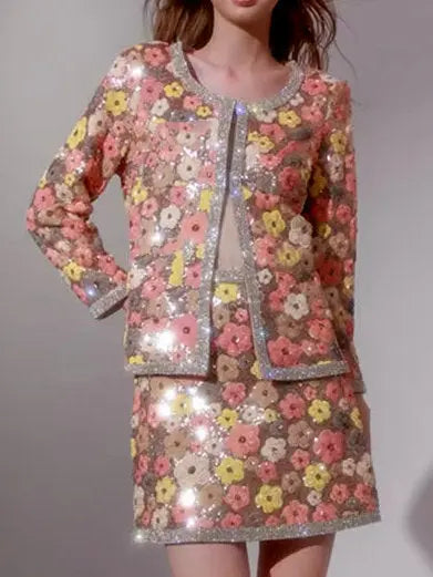 Crystal and Sequin Embellished Floral Jacket and Skirt Set - Suits & Sets