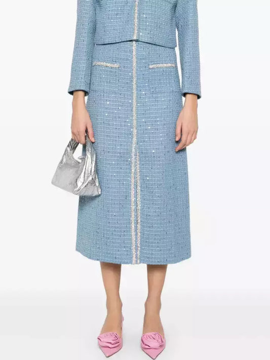 Light Blue tweed midi skirt suit with silver accents and sequin detailing
