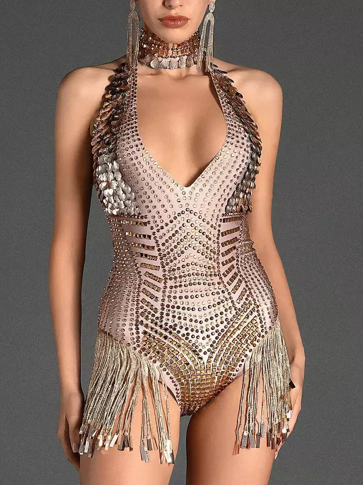 Crystal and Stud-Embellished Bodysuit with Shell Appliques - Suits & Sets