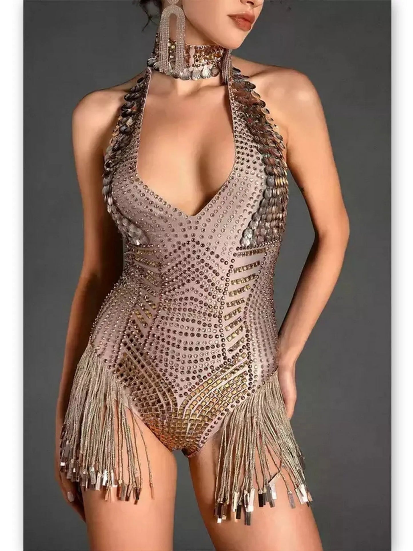 Crystal and Stud-Embellished Bodysuit with Shell Appliques - Suits & Sets