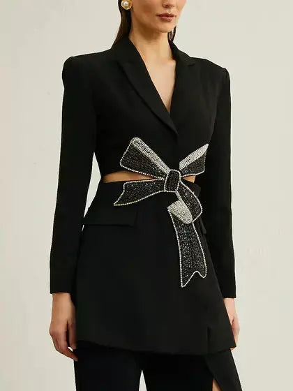 Crystal Bow Cut-Out Long Black Blazer - Jackets