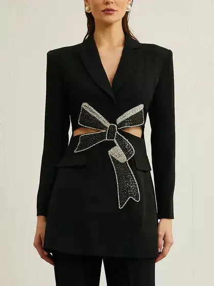 Crystal Bow Cut-Out Long Black Blazer - Jackets