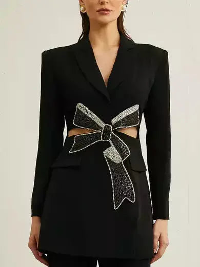 Crystal Bow Cut-Out Long Black Blazer - Jackets