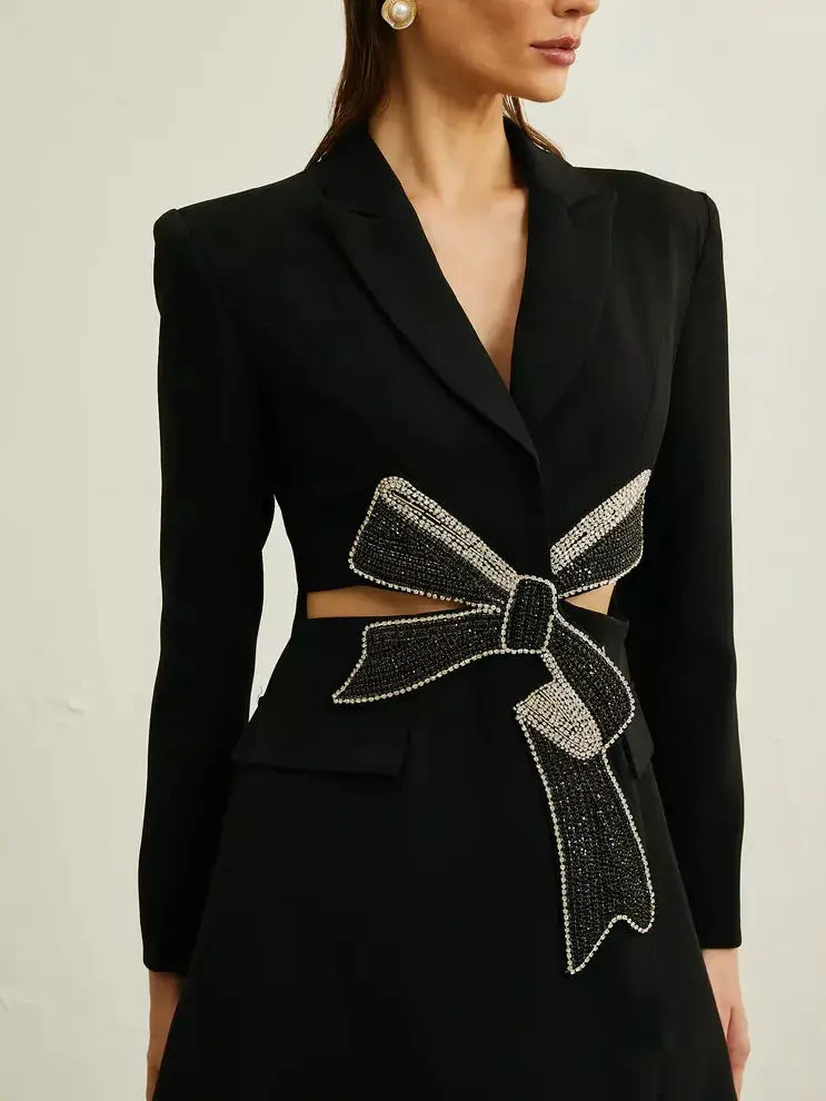 Crystal Bow Cut-Out Long Black Blazer - Jackets