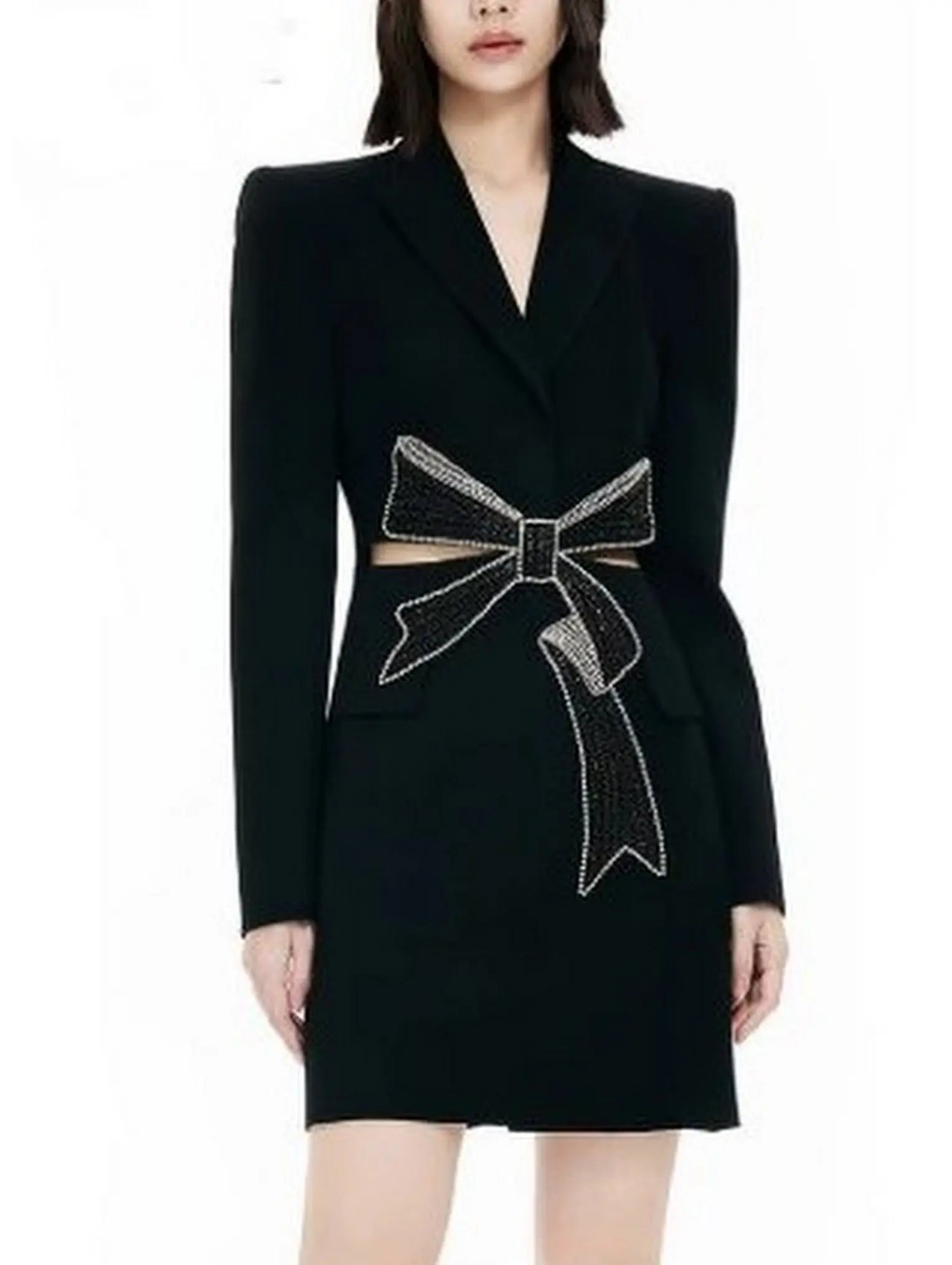 Crystal Bow Cut-Out Long Black Blazer - Jackets