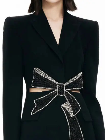 Crystal Bow Cut-Out Long Black Blazer - Jackets