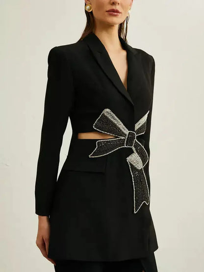 Crystal Bow Cut-Out Long Black Blazer - Jackets