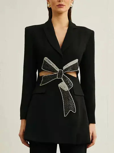 Crystal Bow Cut-Out Long Black Blazer - Jackets