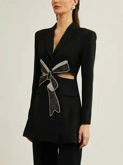 Crystal Bow Cut-Out Long Black Blazer - Jackets