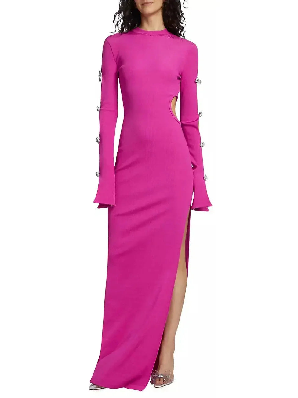 Crystal Bow-Embellished Cut-Out Fuchsia Pink Dress - Dresses