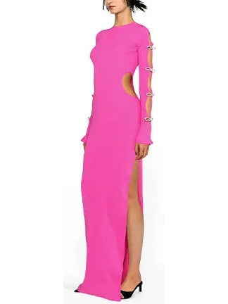 Crystal Bow-Embellished Cut-Out Fuchsia Pink Dress - Dresses