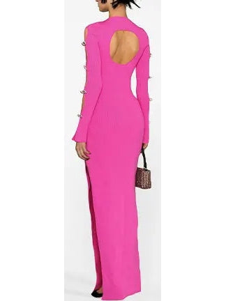 Crystal Bow-Embellished Cut-Out Fuchsia Pink Dress - Dresses