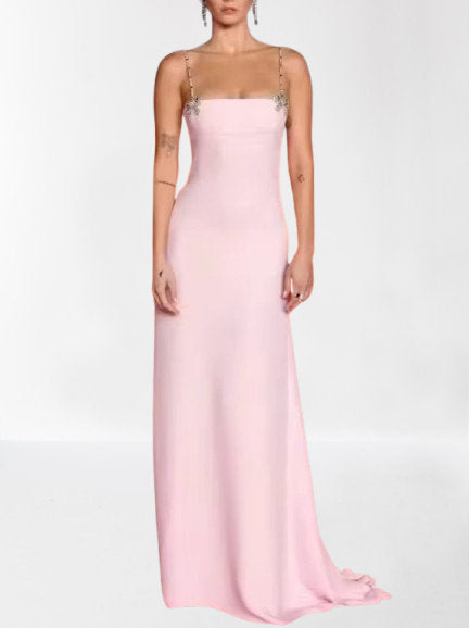 Crystal Bow Long Pink Silk Crepe Gown - Dresses