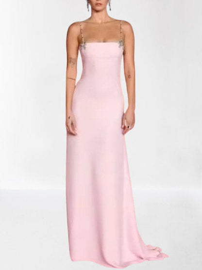 Crystal Bow Long Pink Silk Crepe Gown - Dresses