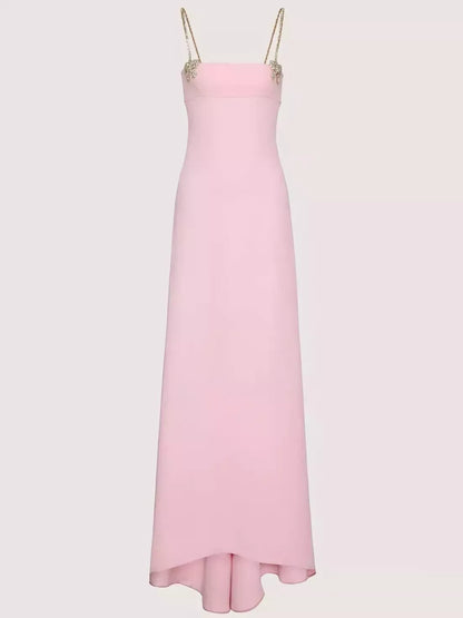 Crystal Bow Long Pink Silk Crepe Gown - Dresses