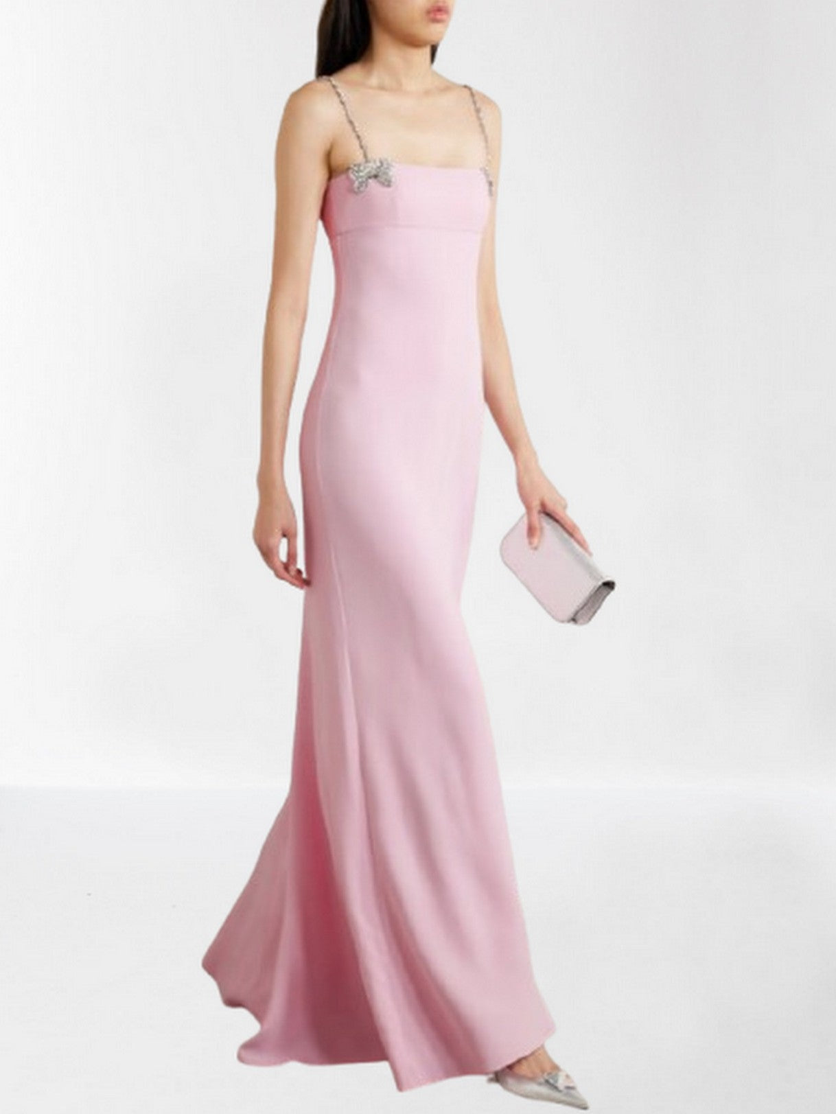 Crystal Bow Long Pink Silk Crepe Gown - S - Dresses