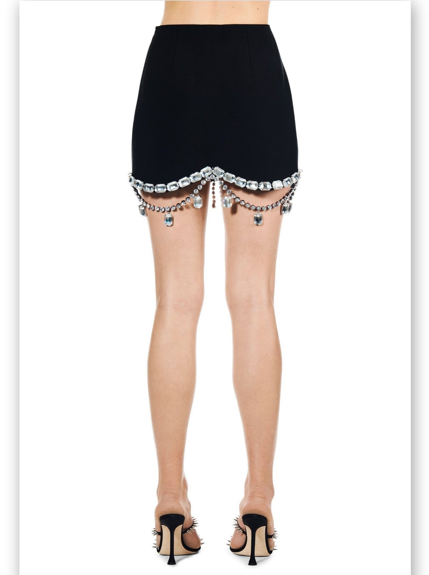 Crystal Bow Scalloped-Hem Mini Skirt in Black - Skirts