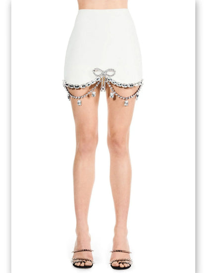 Crystal Bow Scalloped-Hem Mini Skirt in White - Skirts