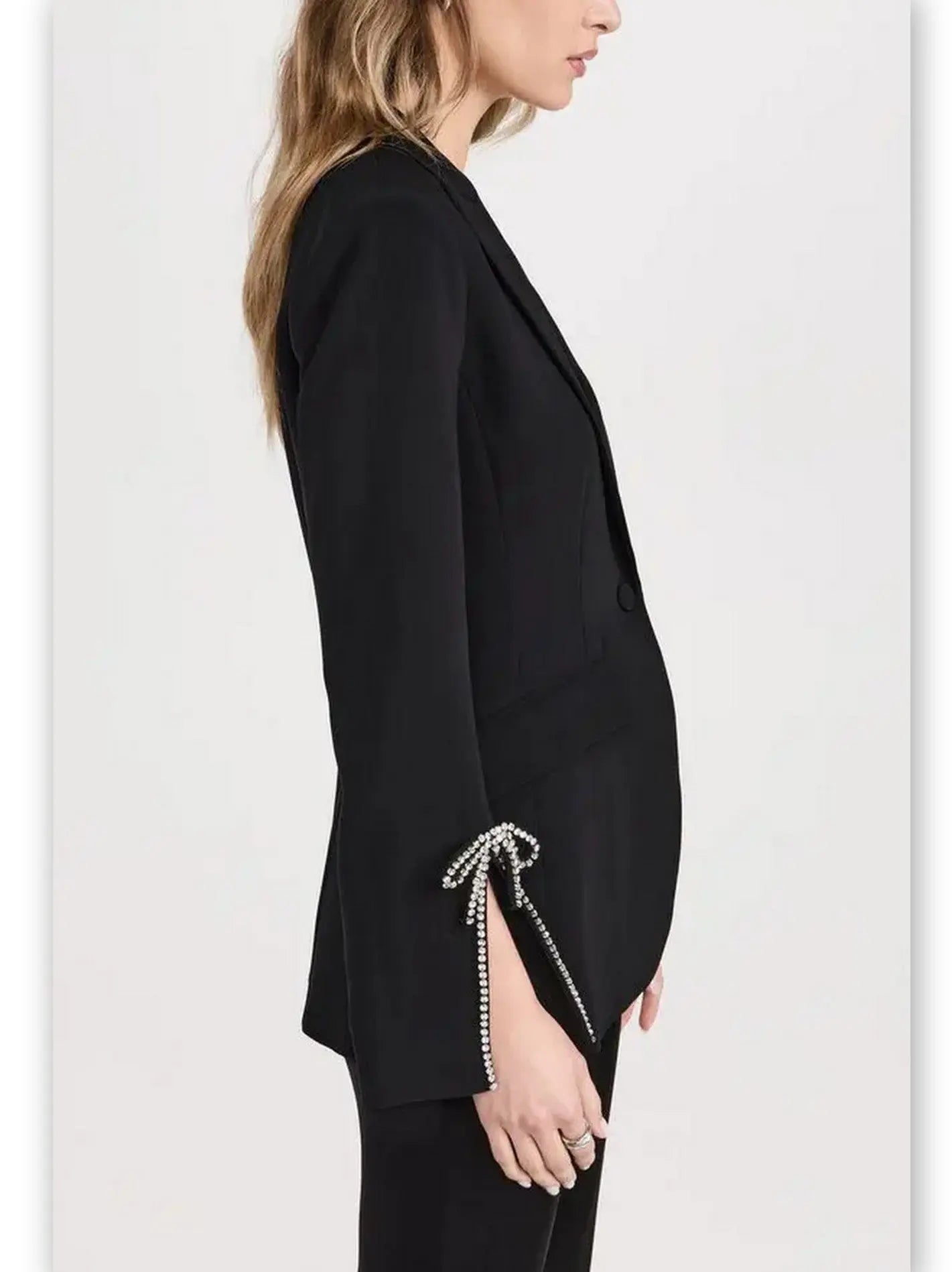 Crystal Bow Split-Sleeve Single-Breasted Black Blazer - Jackets