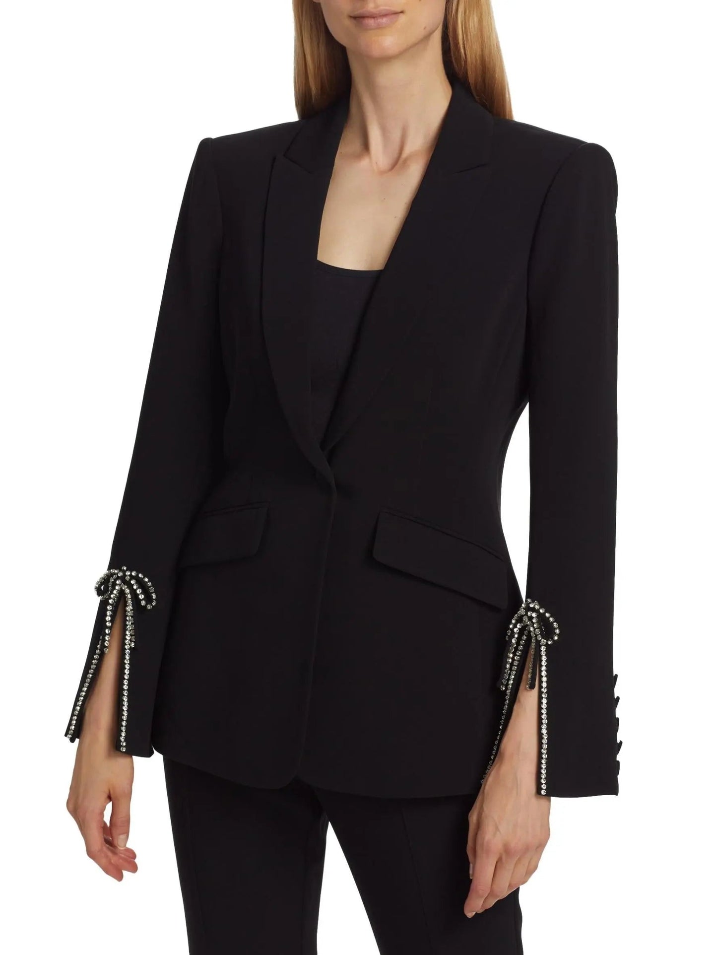 Crystal Bow Split-Sleeve Single-Breasted Black Blazer - Jackets