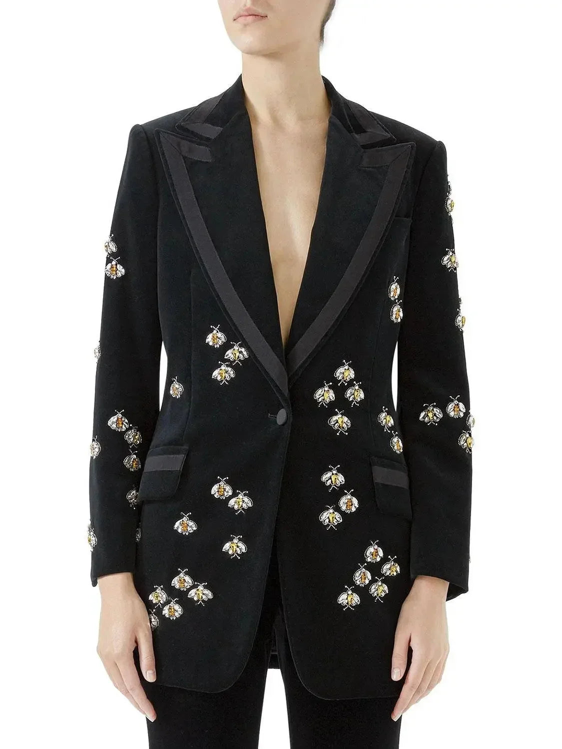 Crystal Bugs Embellished Velvet Blazer - Jackets