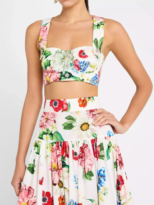 Crystal Button Floral-Print Bustier Crop Top - Tops