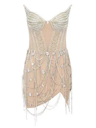 Crystal Chain Embellished Corset Mini Dress - Dresses