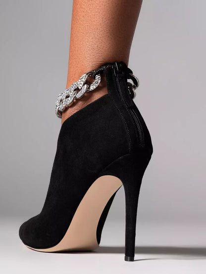 Crystal Chain High-Heel Suede Ankle Boots in Black - Footwear