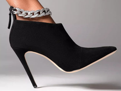 Crystal Chain High-Heel Suede Ankle Boots in Black - Footwear