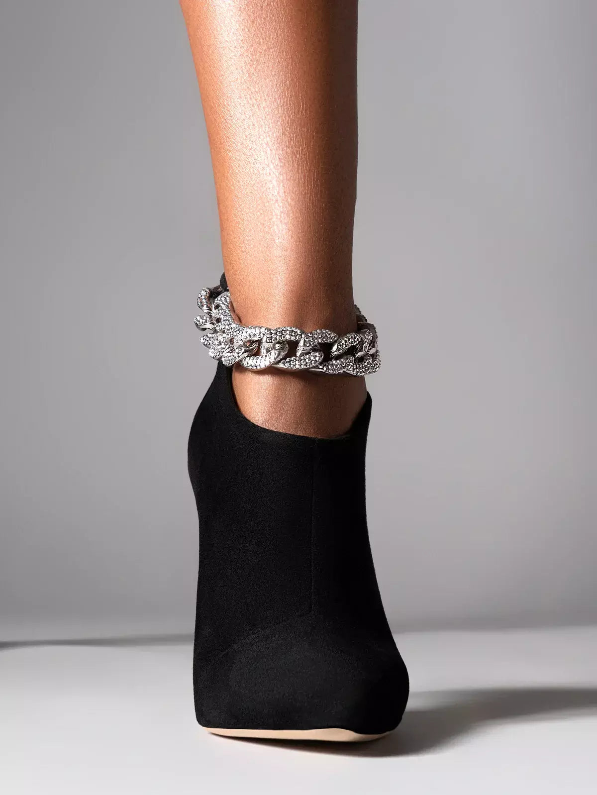 Crystal Chain High-Heel Suede Ankle Boots in Black - Footwear