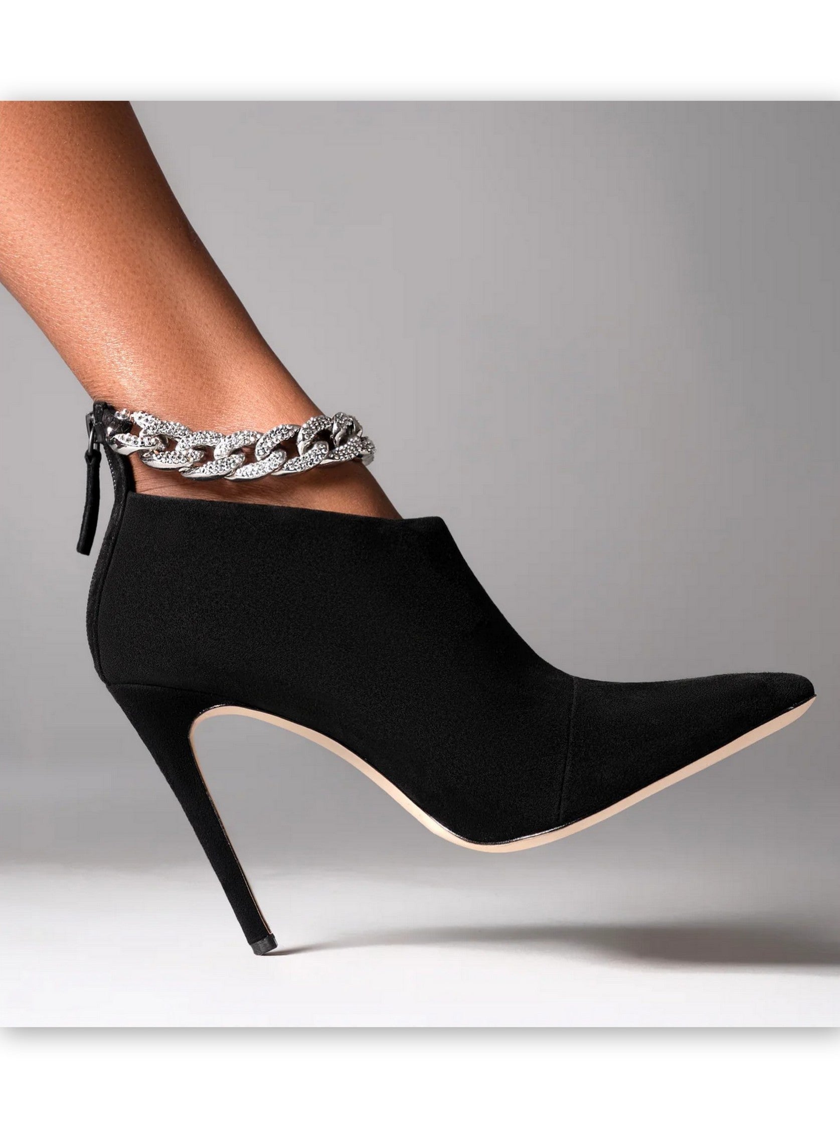 Crystal Chain High-Heel Suede Ankle Boots in Black - Footwear