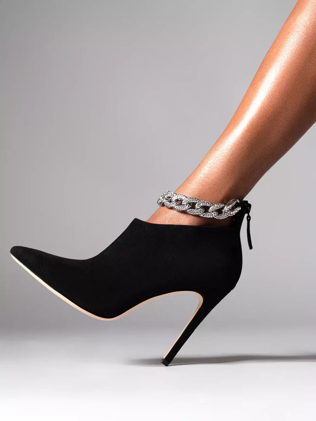 Crystal Chain High-Heel Suede Ankle Boots in Black - Footwear