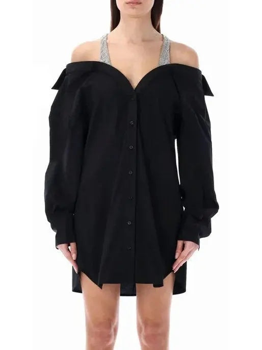 Crystal-Detailed Layered Black Shirt Mini Dress - Dresses