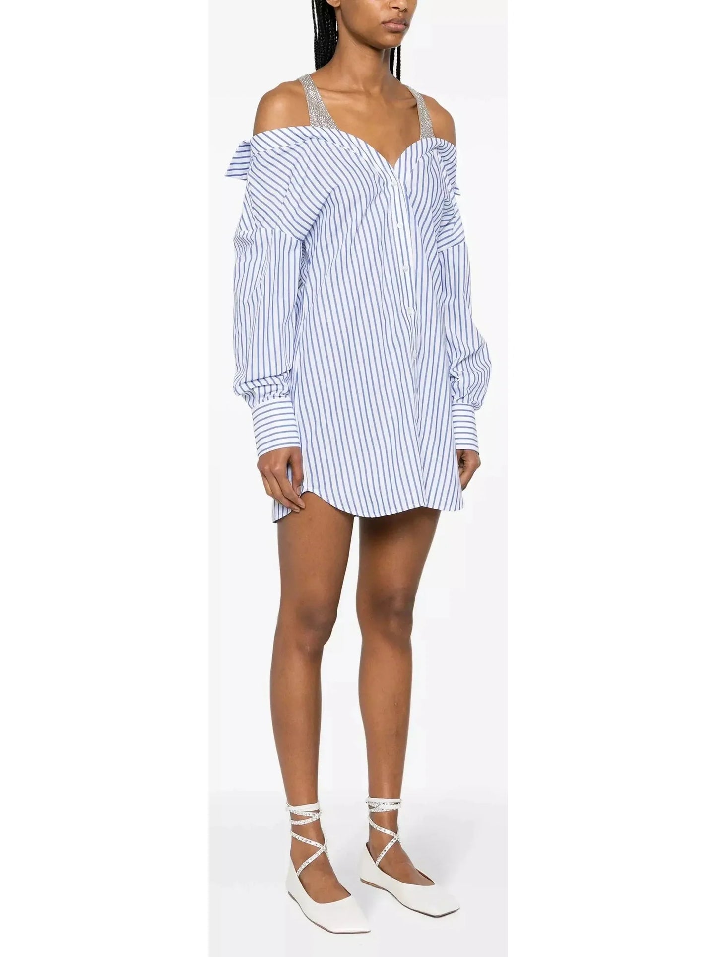 Crystal-Detailed Layered Striped Shirt Mini Dress - Dresses