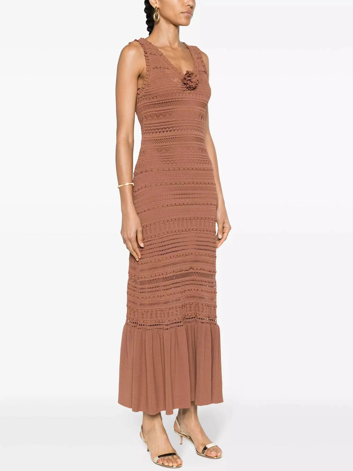 Crystal Detailed Rose-Applique Sleeveless Crochet Knit Maxi Dress - Dresses