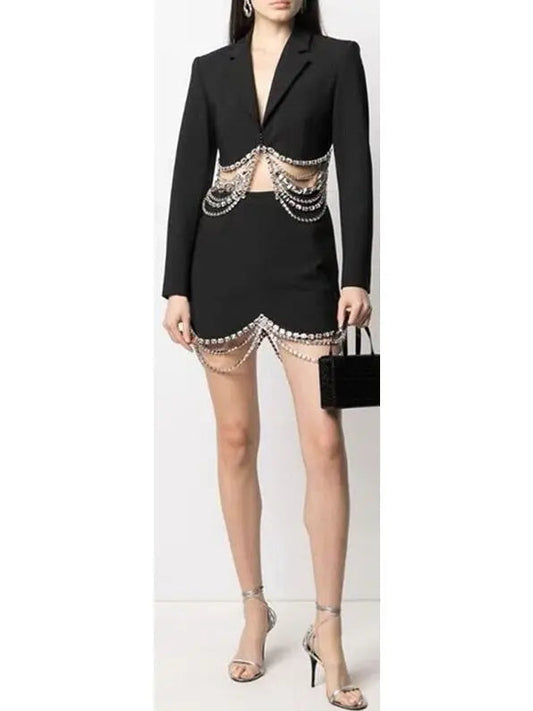 Crystal Draped Cropped Jacket and Skirt Set Black - s - Suits & Sets