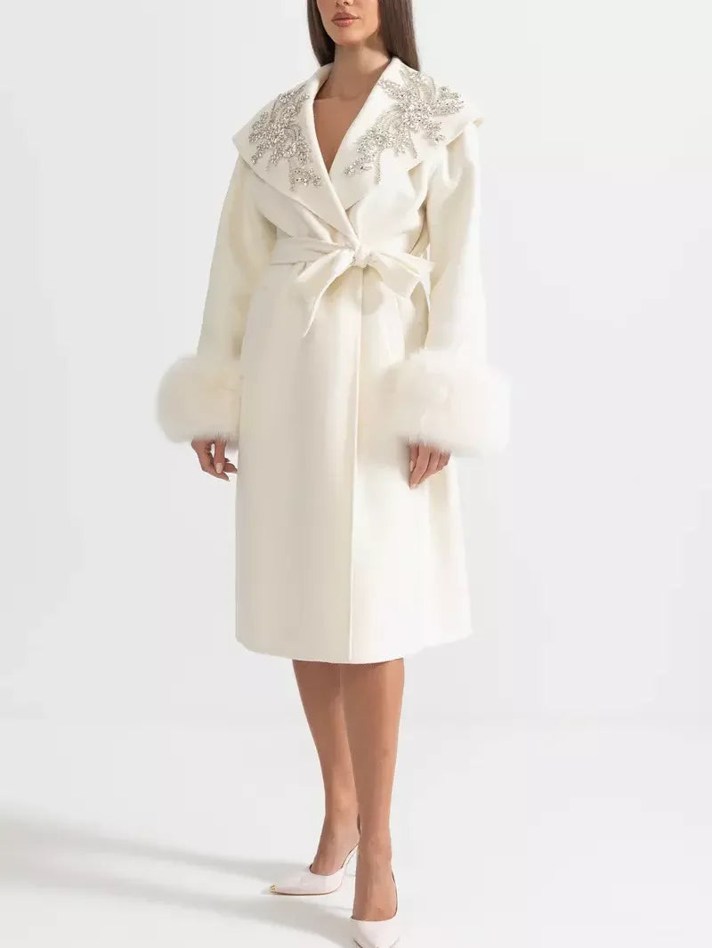 Crystal-Embellished Belted Wool Coat with Fur Cuffs in Ivory - Coats