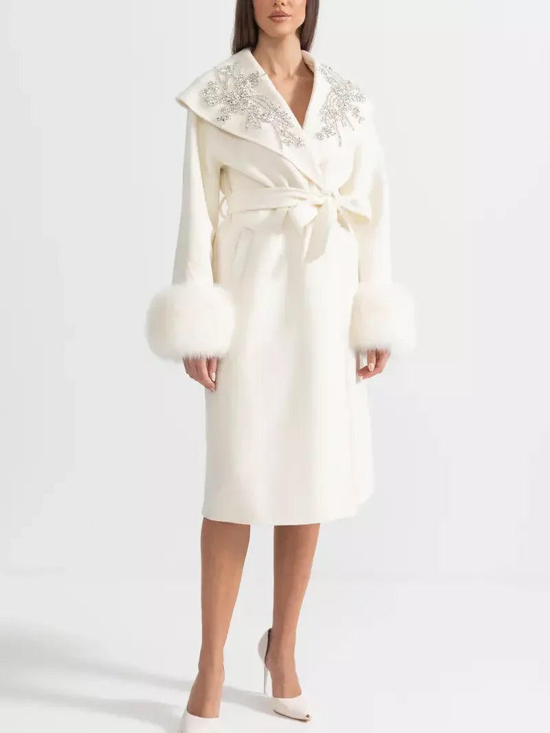 Crystal-Embellished Belted Wool Coat with Fur Cuffs in Ivory - Coats