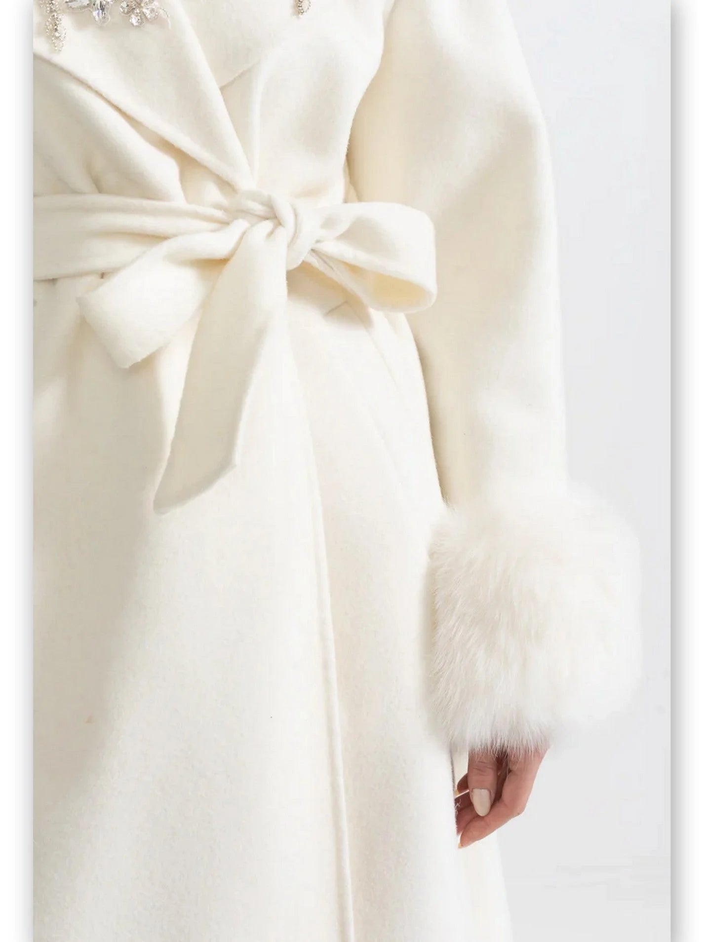 Crystal-Embellished Belted Wool Coat with Fur Cuffs in Ivory - Coats