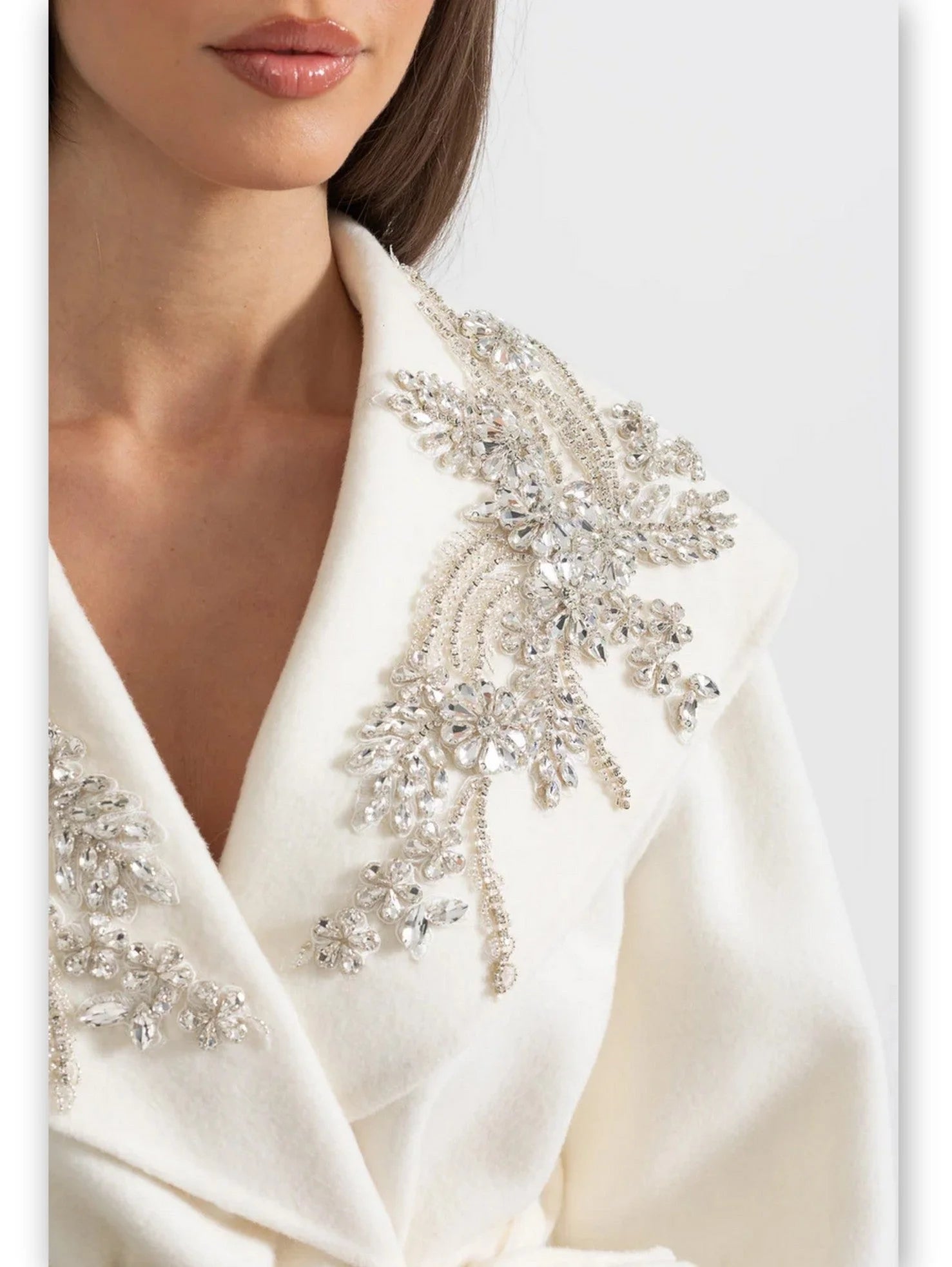 Crystal-Embellished Belted Wool Coat with Fur Cuffs in Ivory - Coats