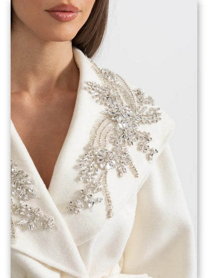 Crystal-Embellished Belted Wool Coat with Fur Cuffs in Ivory - Coats