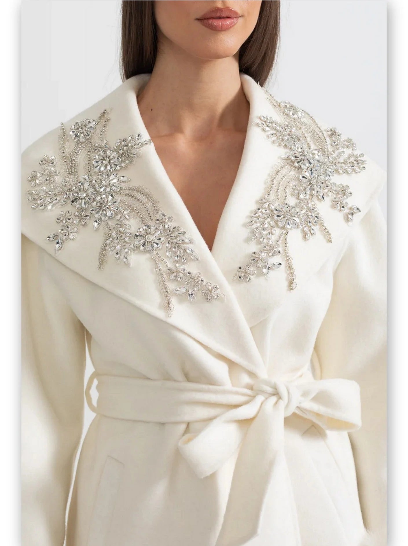 Crystal-Embellished Belted Wool Coat with Fur Cuffs in Ivory - Coats