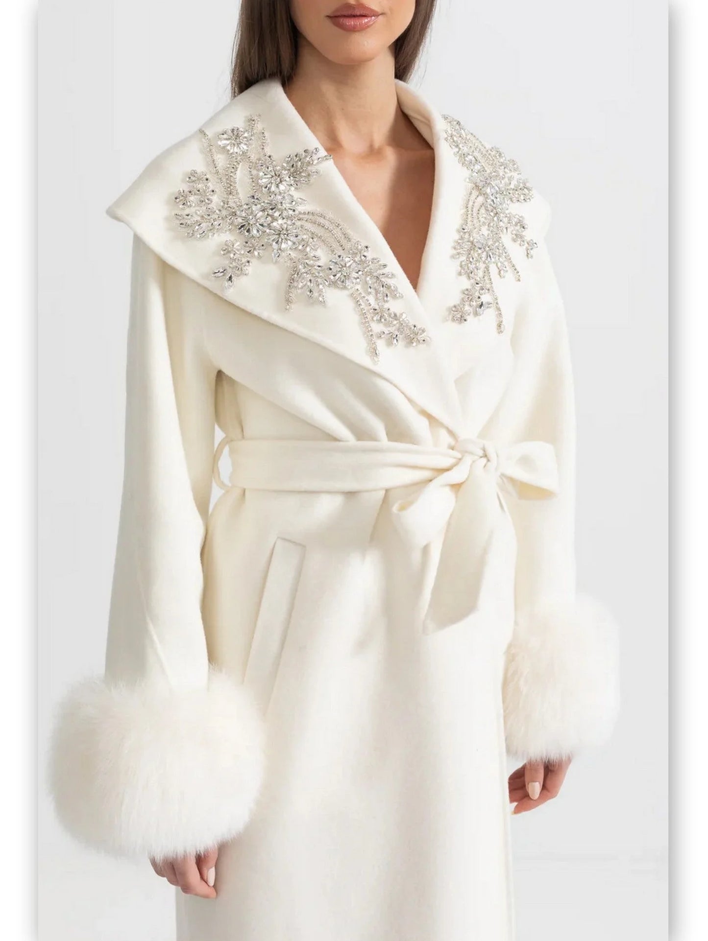 Crystal-Embellished Belted Wool Coat with Fur Cuffs in Ivory - Coats