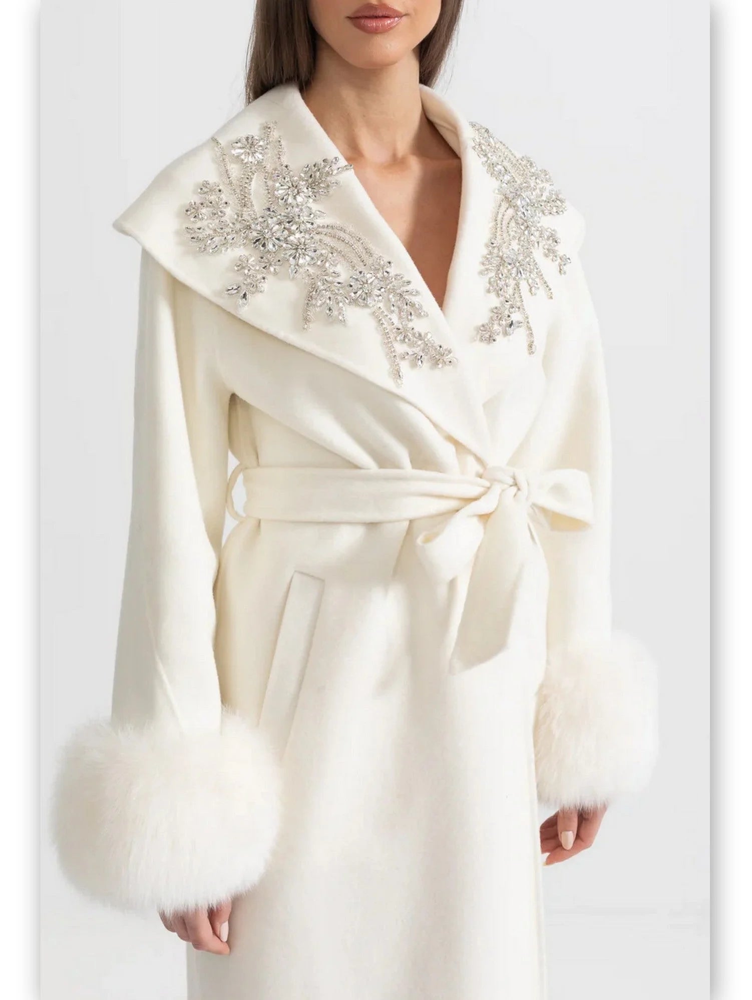Crystal-Embellished Belted Wool Coat with Fur Cuffs in Ivory - Coats
