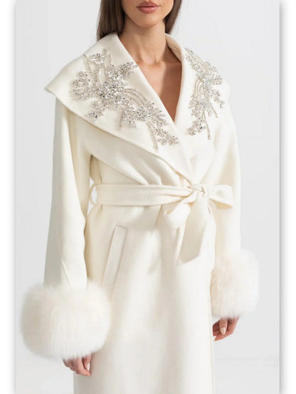Crystal-Embellished Belted Wool Coat with Fur Cuffs in Ivory - Coats