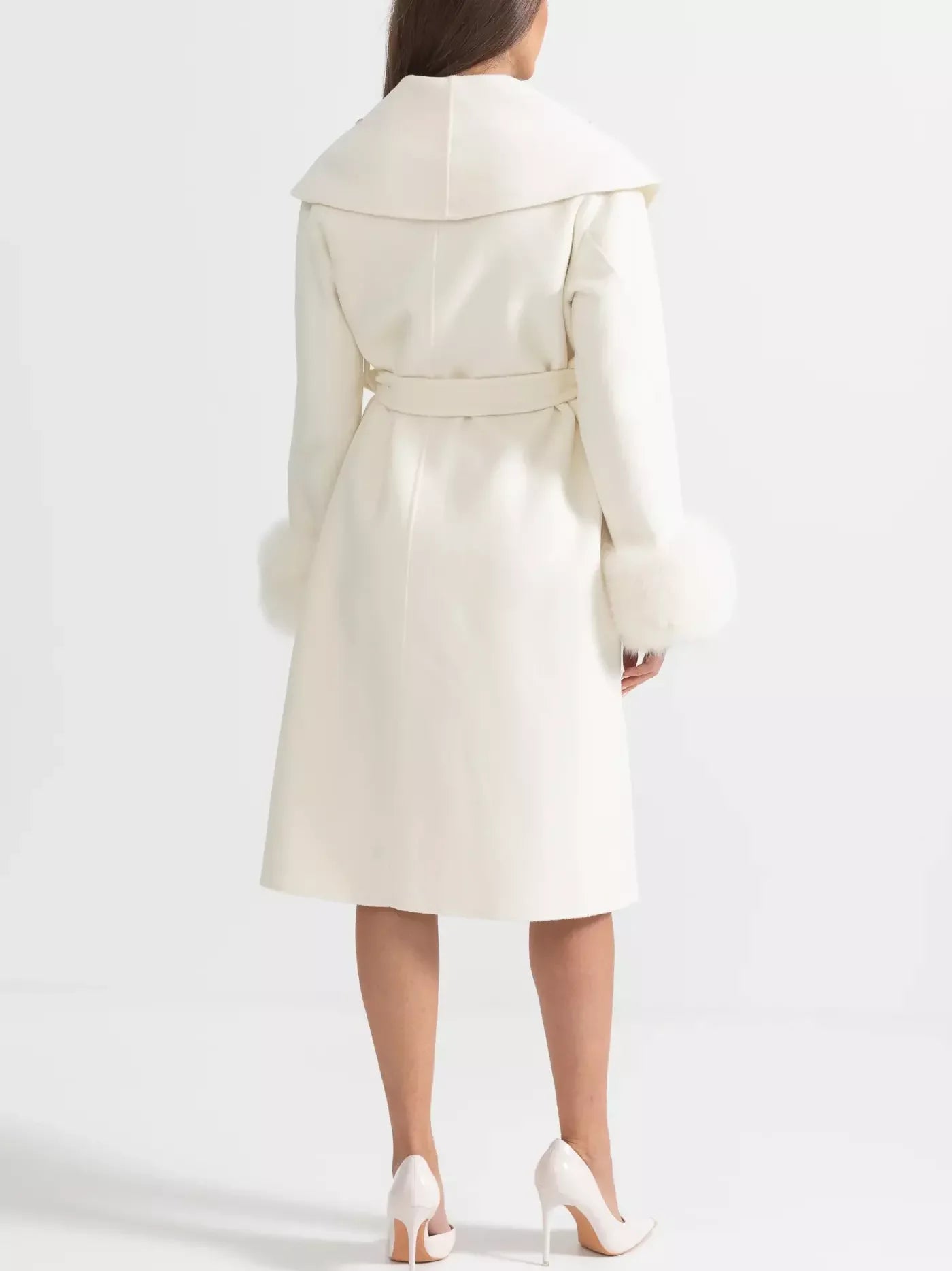 Crystal-Embellished Belted Wool Coat with Fur Cuffs in Ivory - Coats