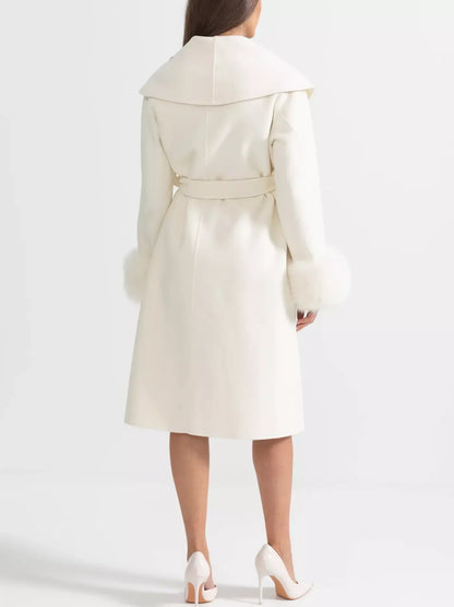 Crystal-Embellished Belted Wool Coat with Fur Cuffs in Ivory - Coats