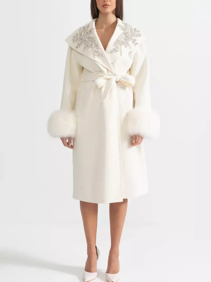 Crystal-Embellished Belted Wool Coat with Fur Cuffs in Ivory - Small - Coats